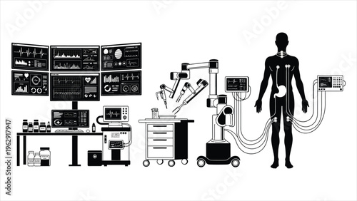 Advanced Medical Research Illustration Human Monitoring, Robotic Automation, and Comprehensive Data Analysis in a Laboratory Setting