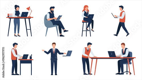Workplace Illustration Diverse Individuals Engaged in Work Activities, Seated and Standing
