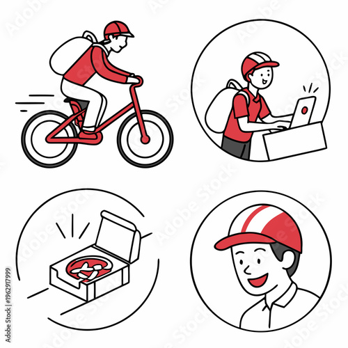 Food delivery service with a man on a bicycle and a pizza