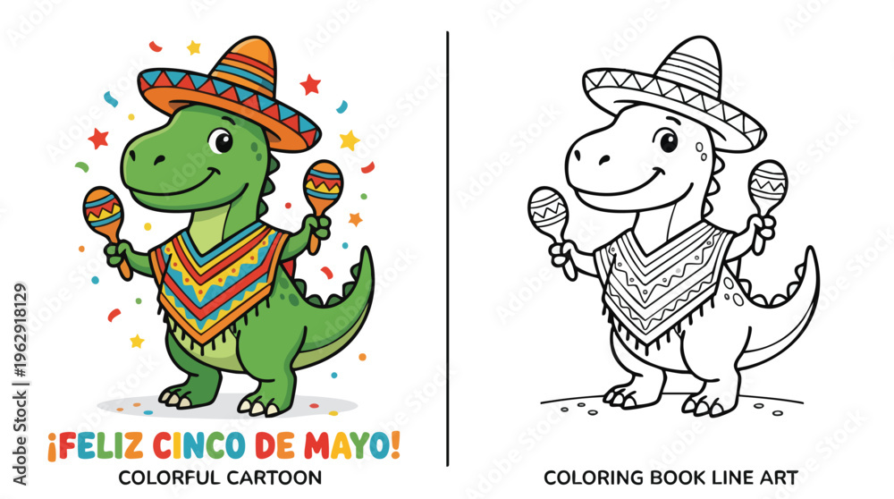 Fototapeta premium Cinco De Mayo Dinosaur Coloring Page and Colorful Cartoon