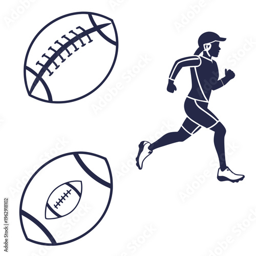 A woman runs next to two rugby balls