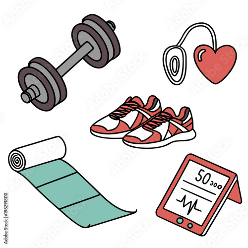 Fitness icons with dumbbell, headphones, heart, sneakers, yoga mat, and tablet