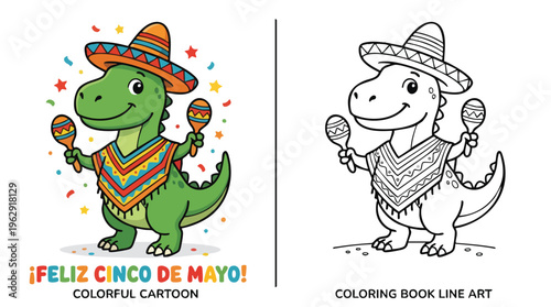 Cinco De Mayo Dinosaur Coloring Page and Colorful Cartoon