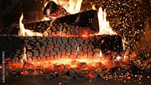 Burning Firewood Logs in a Cozy Fireplace, Warmth and Comfort.