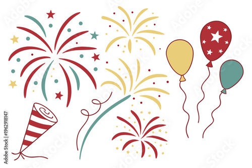 A festive celebration with fireworks and balloons