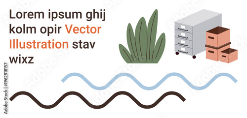 Abstract design, creative layouts, organization , natural elements, office environments, decorative purposes. File cabinet and boxes with text, waves and leaves. Organization and natural elements