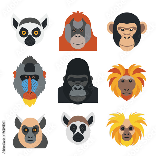 A collection of nine flat-design illustrations featuring the faces of various primates including monkeys, apes, and lemurs.