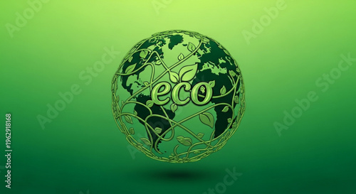 Eco friendly globe with green leaves on gradient background symbolizing environmental conservation and sustainability