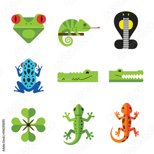 A collection of flat design animal icons featuring various reptiles and amphibians like frogs, chameleons, crocodiles, geckos, and salamanders, with a unique cobra-guitar illustration.