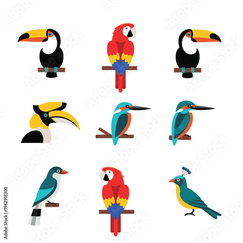 A vibrant collection of nine tropical birds including toucans, macaws, kingfishers, and a hornbill, each perched on a branch.