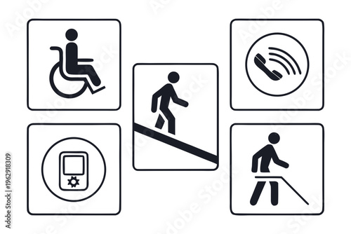 Black pictograms of people with disabilities and assistance