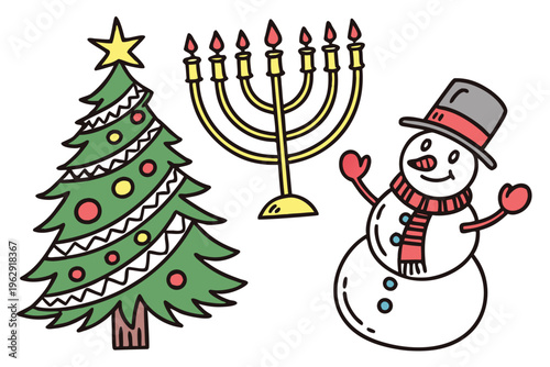 A snowman next to a christmas tree and a menorah