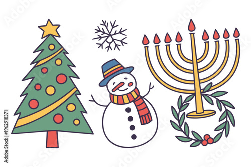 A snowman wearing a hat and scarf standing next to a christmas tree and a menorah