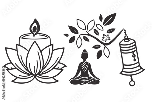 Buddha sitting in meditation with candle and lotus