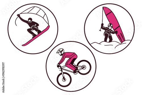Extreme sports icons with windsurfer and snowboarder and cyclist