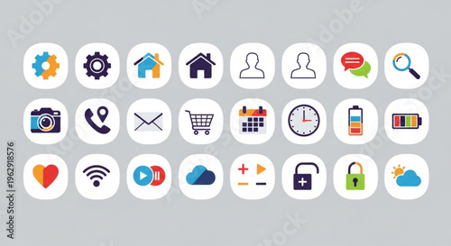 Collection of various modern web and app icons on a gray background for design and technology concepts