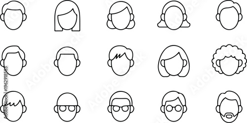 Set of minimalist line art vector icons featuring diverse faceless male and female avatars for user profile interface design.