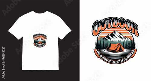 Outdoor camping t-shirt design with mountain landscape forest and tent in retro badge style