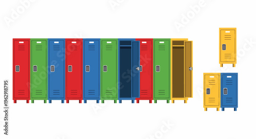 Colorful metal lockers in various sizes and open and closed positions