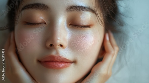 Plastic surgeon touching and examining facial skin of a Asian female,Woman face being checked doctor hands to cosmetic surgery,rhinoplasty surgery in clinic, generative ai,3d render.