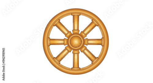 A golden Dharmachakra, or Buddhist wheel of dharma, with eight spokes on a white background, symbolizing Buddha Purnima, a significant Buddhist holiday.