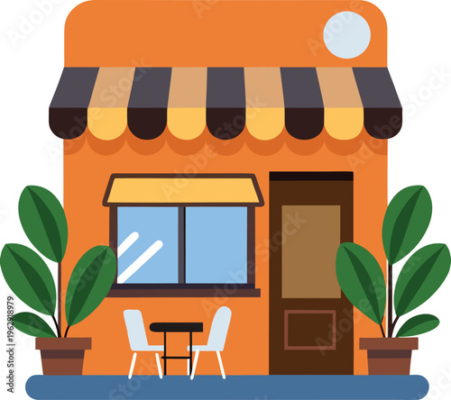 Bright orange cafe building with outdoor seating and plants