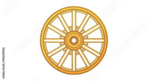 A golden wheel with spokes against a white background, symbolizing Buddhism and Buddha Purnima celebrations with a simple and serene mood.
