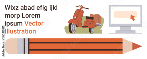 Creative projects, advertising, education, transport branding, e-learning, content creation. A vintage scooter, a pencil and a computer. Creative projects and advertising concept