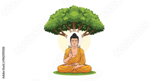Illustration of Buddha sitting cross-legged under a tree on Buddha Purnima, with serene expression and traditional orange robes against a clean white background.