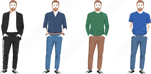 Flat vector illustration set of modern men wearing different fashion styles including suits casual shirts and stylish streetwear.