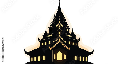 A serene Buddhist temple silhouette at dusk with warm glowing lights, celebrating Buddha Purnima in a peaceful atmosphere.