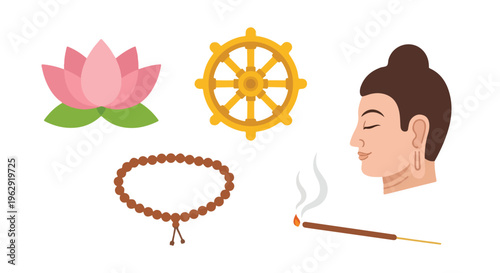 Graphic representation of Buddhist symbols including a pink lotus flower, a golden wheel, a prayer bead bracelet, a lit incense stick, and Buddha's head in profile against a clean white