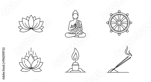 A serene line drawing of Buddha Purnima icons including a lotus flower, Buddha in meditation, a dharma wheel, another lotus flower, a candle flame, and incense sticks on a clean white