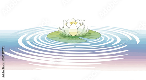 Serene illustration of a white lotus flower on a green lily pad with ripples in the water, symbolizing Buddha Purnima, with soft pastel colors and a peaceful mood against a clean background.