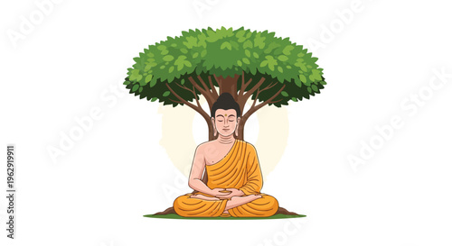 Illustration of Buddha sitting cross-legged under a tree in a serene natural setting on Buddha Purnima, conveying a peaceful and meditative mood with warm tones.