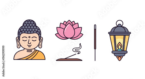Flat lay illustration of Buddha, pink lotus flower, incense stick, and lantern on white background, symbolizing Buddha Purnima with serene and spiritual elements.