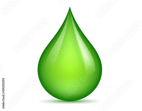 Shiny, green, pear-shaped droplet with a soft shadow on white