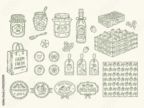 Hand drawn vector strawberry packaging line art set with jam jars, syrup bottle, carton box, strawberry crate, paper bag, labels, tags, wrapping paper pattern and round stickers with strawberries