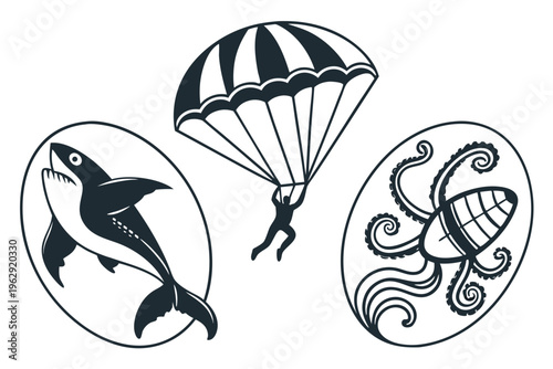 Parachuter, orca and octopus in three black and white line art illustrations