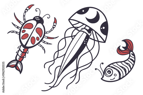 A cartoonish illustration of a scorpion, jellyfish and fish