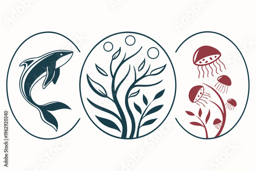 Marine life icons with dolphin seaweed and jellyfish