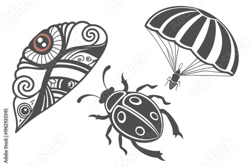 A beetle with parachute and feather