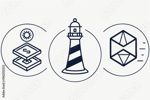 A lighthouse next to a stack of money and a diamond