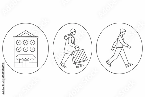 Line drawing of store and shoppers