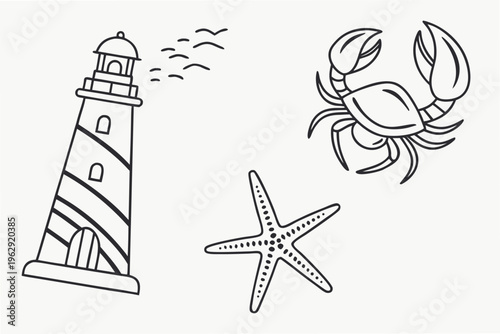 A black and white drawing of a lighthouse, crab, and starfish