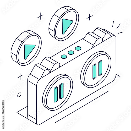 A boombox with two reels flying out of it