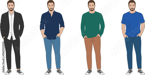 Flat vector illustration set of modern men wearing different fashion styles including suits casual shirts and stylish streetwear.