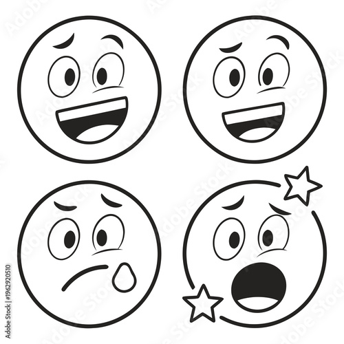 Four cartoon faces with various expressions