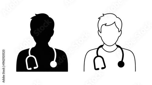 Two medical professionals depicted with stethoscopes around their necks in contrasting black and white styles Vector