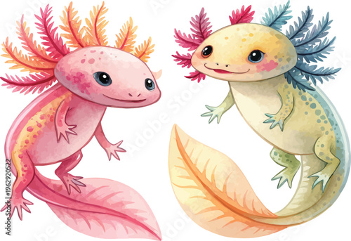 Hand-Painted Axolotl Watercolor, Kawaii Aquatic Animal Art, Isolated Vector Illustration